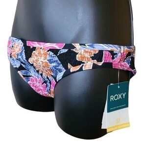 Roxy Tropical Oasis Smocked Bikini Bottom Floral Black Pink Blue XL NEW